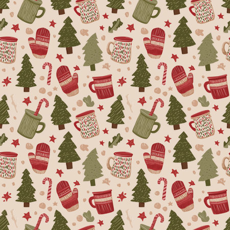 Flat seamless pattern of stylized Christmas trees, cocoa mugs, mittens, stars and candy canes, in beige, red and pine green paletteの素材