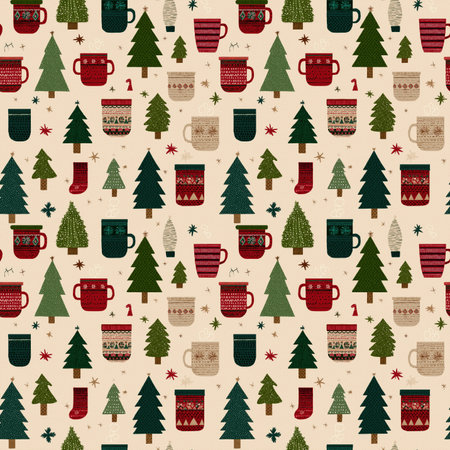 seamless christmas pattern with cozy mugs, trees, mittens, and candy canes in a hand-drawn nordic styleの素材