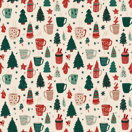 festive winter background with cute holiday elements including hot cocoa cups, gingerbread, and fir treesの素材