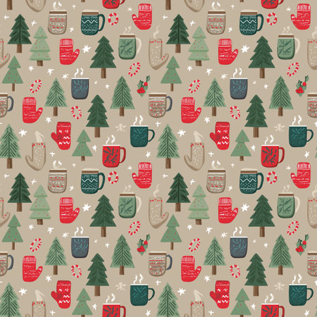 festive winter background with cute holiday elements including hot cocoa cups, gingerbread, and fir treesの素材