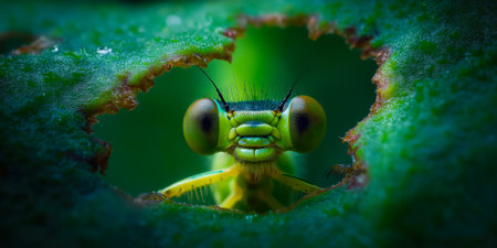 an insect face through torn leaf, highlighting symmetrical structure and vivid color detailsの素材