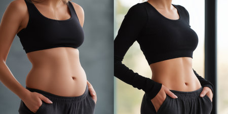 Before and after image of liposuction: left side showing excess fat around the abdomen and thighs, right side showing a slim, tの素材