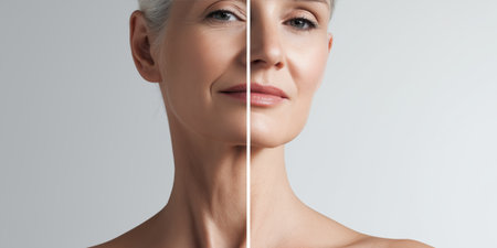 Split image showing face lift surgery results: left side showing sagging skin, visible wrinkles, and tired features, right side showing firm, lifted skin with smooth contours,の素材