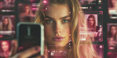 A woman staring into her phone screen, her face distorted through the lens of social media filters, each filter reshaping her face into a more perfect versionの素材