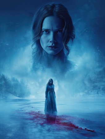 a surreal fantasy scene with a lone warrior walking across a frozen lake, leaving a trail of blood, under the ghostly presence of a mysterious woman in the skyの素材