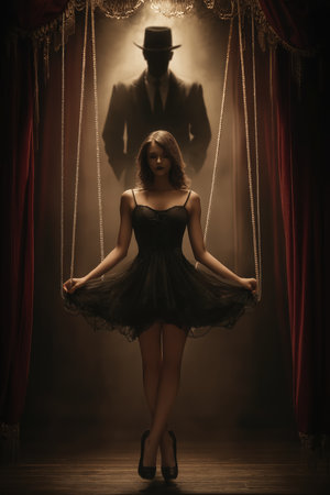 Strong woman in elegant black dress suspended by golden puppet strings, behind her stands a mysterious man in shadows watching her silently, romantic gothic atmosphereの素材