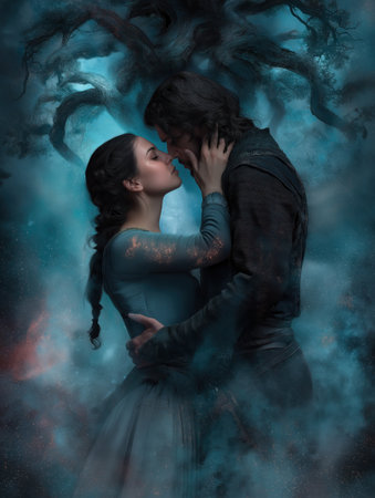 lovers embrace under a mystical tree, with fantasy light and natural magic swirling around themの素材