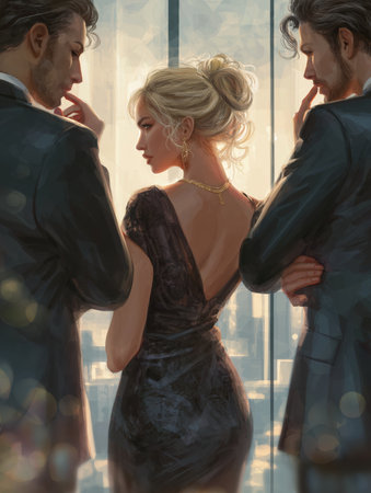 romantic drama with a woman caught in a love triangle between two men, depicted in elegant attire and moody lightingの素材