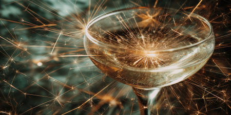 Closeup of champagne glass reflecting fireworks, golden sparkles inside the drink, abstract festive backgroundの素材