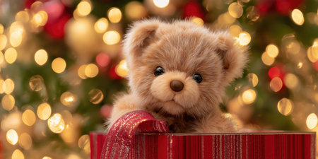 cute teddy bear peeking out of a golden gift box with warm Christmas lights in the backgroundの素材