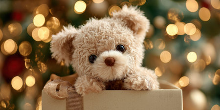 teddy bear surprise in a present box surrounded by christmas decorationsの素材