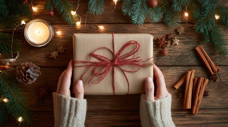 Top view of hands wrapping a Christmas gift in kraft paper with red ribbon, surrounded by pine branches, cinnamon sticks and fairy lights, cozy rustic table backgroundの素材
