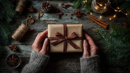 cozy christmas flat lay with kraft paper gift and festive decorations on wooden backgroundの素材