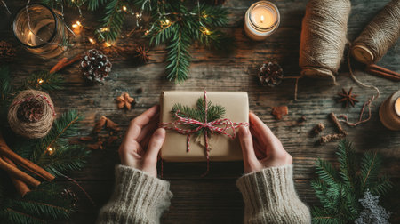cozy christmas flat lay with kraft paper gift and festive decorations on wooden backgroundの素材