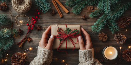 festive flat lay with rustic christmas present and cozy natural elements on wooden tableの素材
