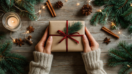 festive flat lay with rustic christmas present and cozy natural elements on wooden tableの素材