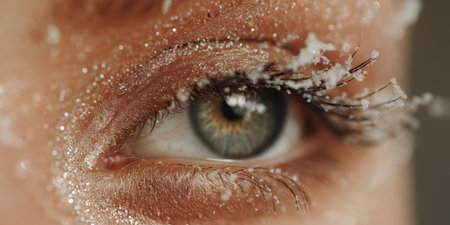 macro closeup of a human eye with snowflakes and frozen eyelashes during a cold winter dayの素材