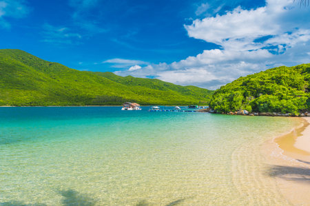Paradise island beach. Tropical landscape of summer scene, sea. Sunny sand sky palm trees.の写真素材