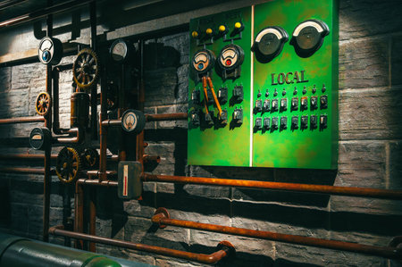 Metal pipes and ventilation systems are installed along the walls of the underground tunnel.の写真素材