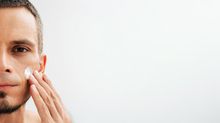 Male portrait with moisturizing cream on the cheek.の写真素材