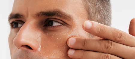 Detail shot of an under-eye hydrogel patch on male skin.の写真素材