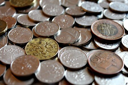 Scattered Czech coins, currency Czech crown