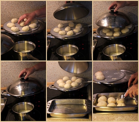 Homemade dumplings, collage steaming processの写真素材