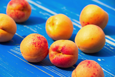 Ripe apricots on blue wooden table. Tasty fruit in harvest season.の写真素材