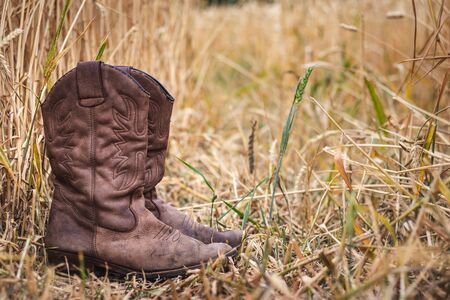 Cowboy boots in wheat field. Old worn out leather boot outdoors. Retro style still life of footwearの写真素材