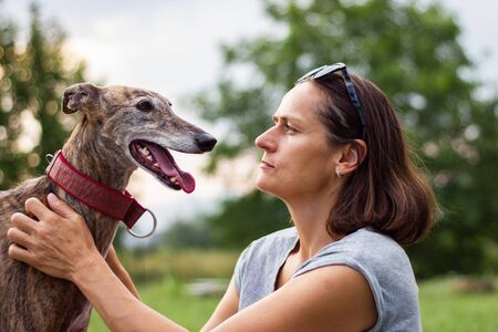 Dog the best friend of people. Spanish greyhound. Woman love her pet.の写真素材