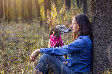 Brunette woman and her dog together. Friendship between dog and pet owner. Woman sitting with her spanish greyhound in nature. の写真素材