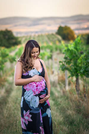 Pregnant woman stroking her belly. Happy young woman expecting newborn babyの写真素材