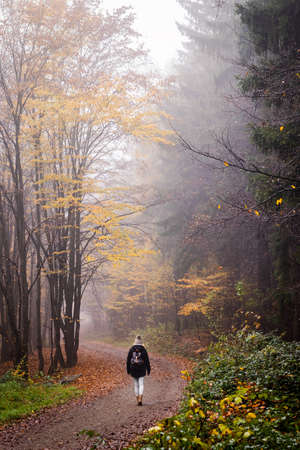 Tourist in autumn forest. Hiking woman walking on path in fog. Country road in misty woodlandの写真素材