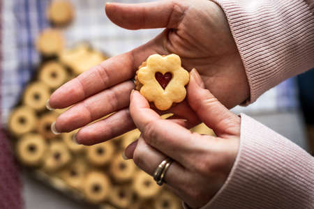 Linzer sweets in hands. Baked traditional Christmas cookies. Preparation homemade sweet food for...