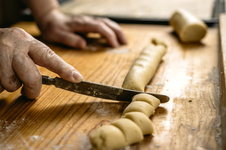 Old hands cutting pastry dough with knife on wooden table. Senior woman making homemade cookies. Preparing foodの写真素材