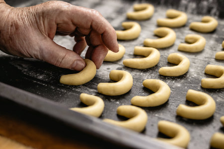 Senior woman is putting vanilla crescent rolls knows as vanillekipferl on baking tray. Making homemade traditional christmas cookies. Ready for bakingの写真素材