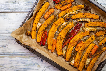 Roasted pumpkin slices in baking tray on white wooden table. Baked vegetable. Healthy food ready to servingの写真素材