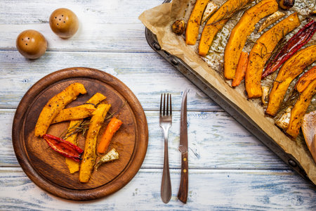Serving roasted pumpkin and vegetable on wooden plate. Baked vegetable as autumn dinner. Setting the dining table with rustic cutleryの写真素材