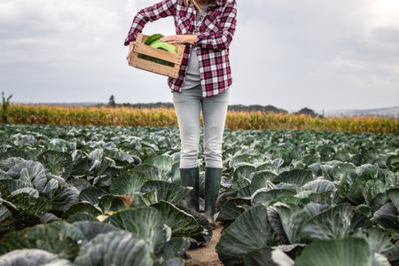Farmer harvesting cabbage vegetable at field. Woman with straw hat is holding wooden crate. Gardening and agricultural activity during harvest seasonの写真素材