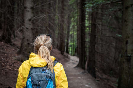 Woman hiking on footpath in forest. Adventure in nature. Hiker walking in dark woodlandの写真素材