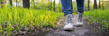 Hiking boot on footpath. Panoramic view of hiker legs walking at woodlandの写真素材