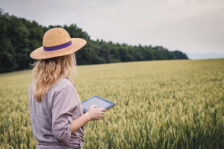 Farmer using modern technology for smart farming. Female agronomist with digital tablet examining and quality contol of wheat field. Agricultural activityの写真素材
