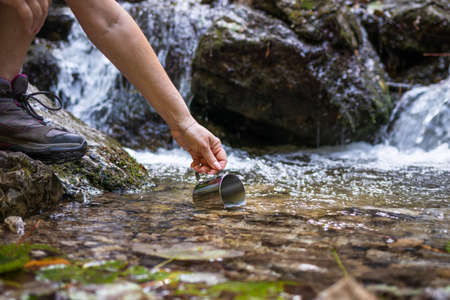 Thirsty hiker scoops fresh water into cup from stream in mountains. Refreshment during hiking in...