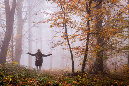 Tourist enjoying positive energy in autumn forest. Woman is feeling good in woodland. Connection with nature. Foggy weather at fall seasonの写真素材