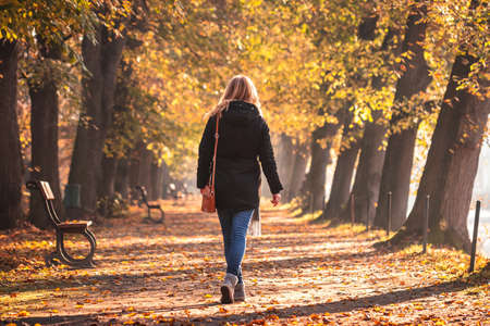 Stylish woman with black coat walking in alley at autumn park. City at fall season. Beauty and fashion lifestyleの写真素材