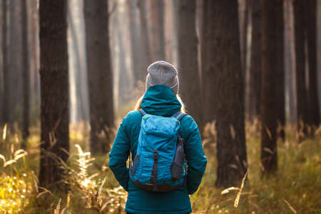 Hiking in the forest. Woman with backpack and knit hat looking at woodland. Adventure in nature. Active lifestyleの写真素材