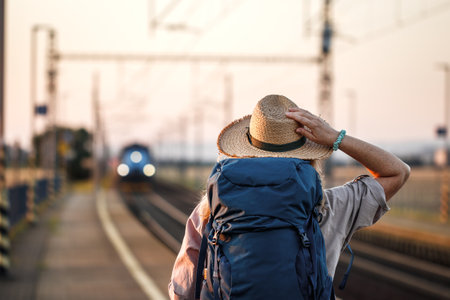 Travel by train. Woman with hat and backpack waiting for train at railway stationの写真素材