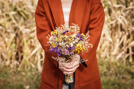 Woman with red coat holding bouquet of dried flowers in corn field. Fall season in the countrysideの写真素材