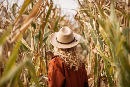 Stylish woman with red coat and cowboy hat is standing in corn field. Autumn season in farmの写真素材