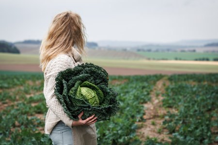 Farmer holding big kale cabbage at agricultural field. Autumn harvest. Woman working in organic farmの写真素材